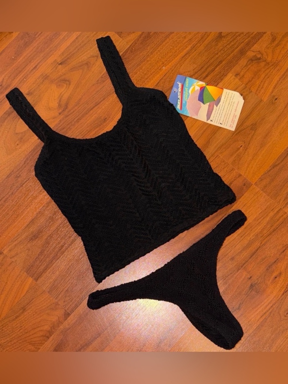 Newport News Black Textured Knit Top & Thong Bathing Suit NWT